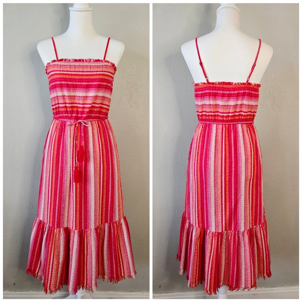 Feminine Relaxed Striped Tiered Midi Sundress XS Tassel Sleeveless Greylin